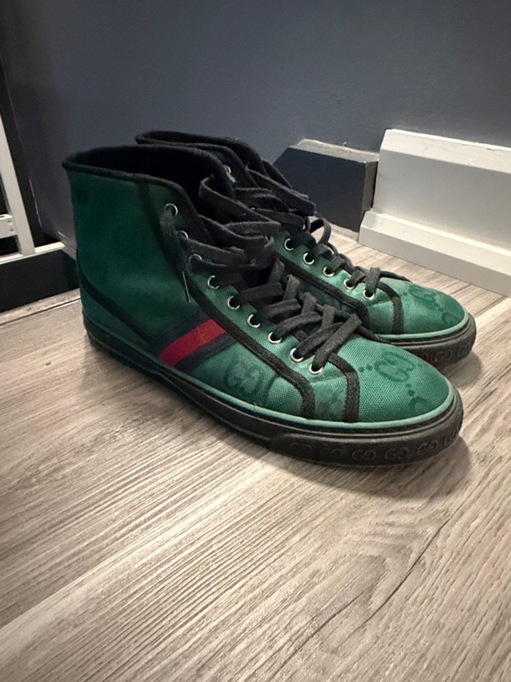 Gucci Green High-Top Canvas Sneakers with Red Stripe
